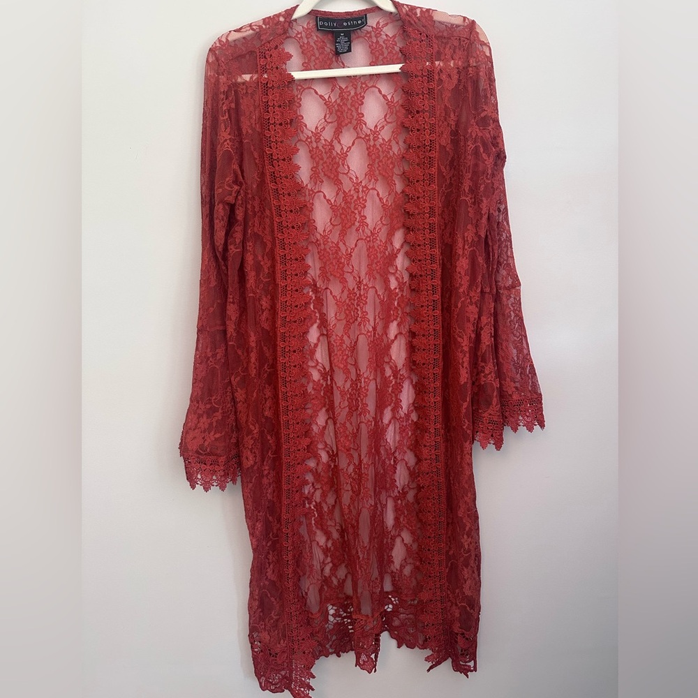 Polly & Esther Womens Rust Lace Kimono Bell Sleeve Size M Festival Bohemian
